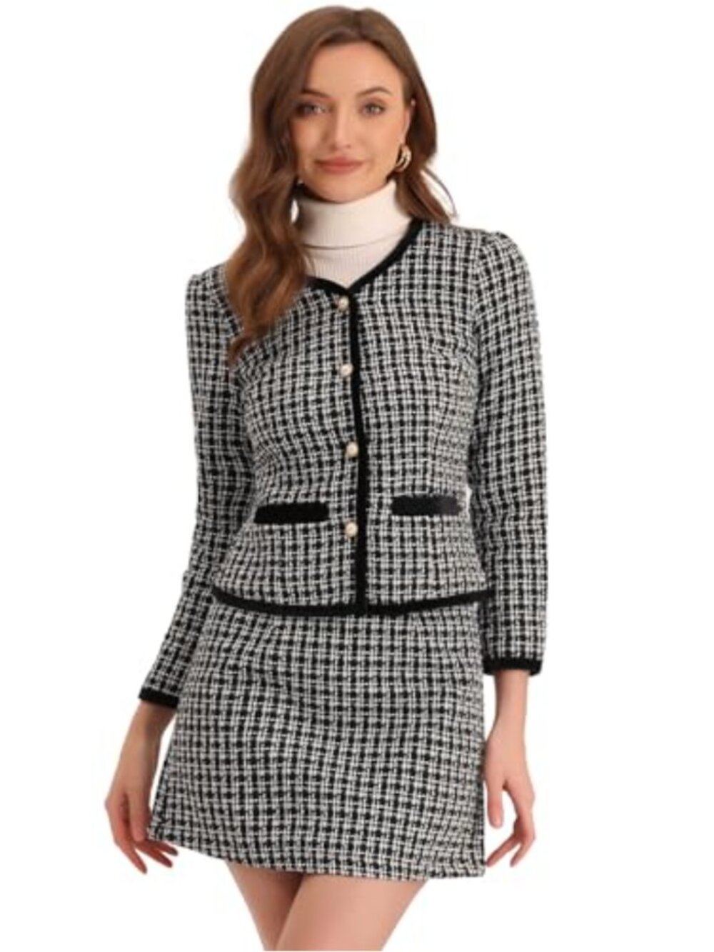 Plaid Tweed Skirt Suit Set Button Down Crop Blazer Mini Skirt Business